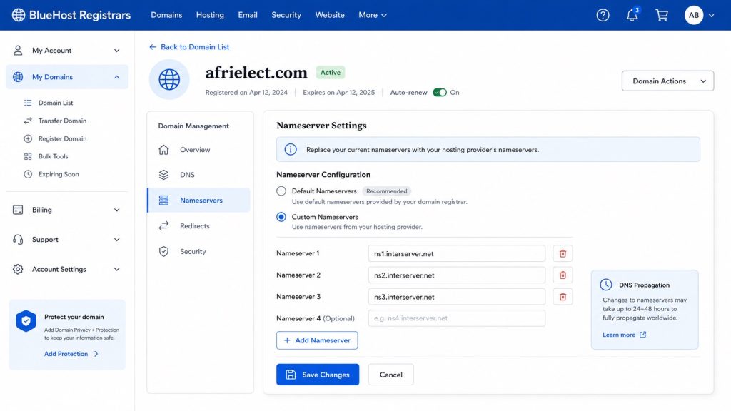 connect domain name to InterServer web hosting