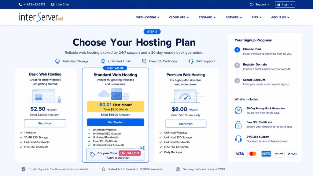 sign up for InterServer web hosting
